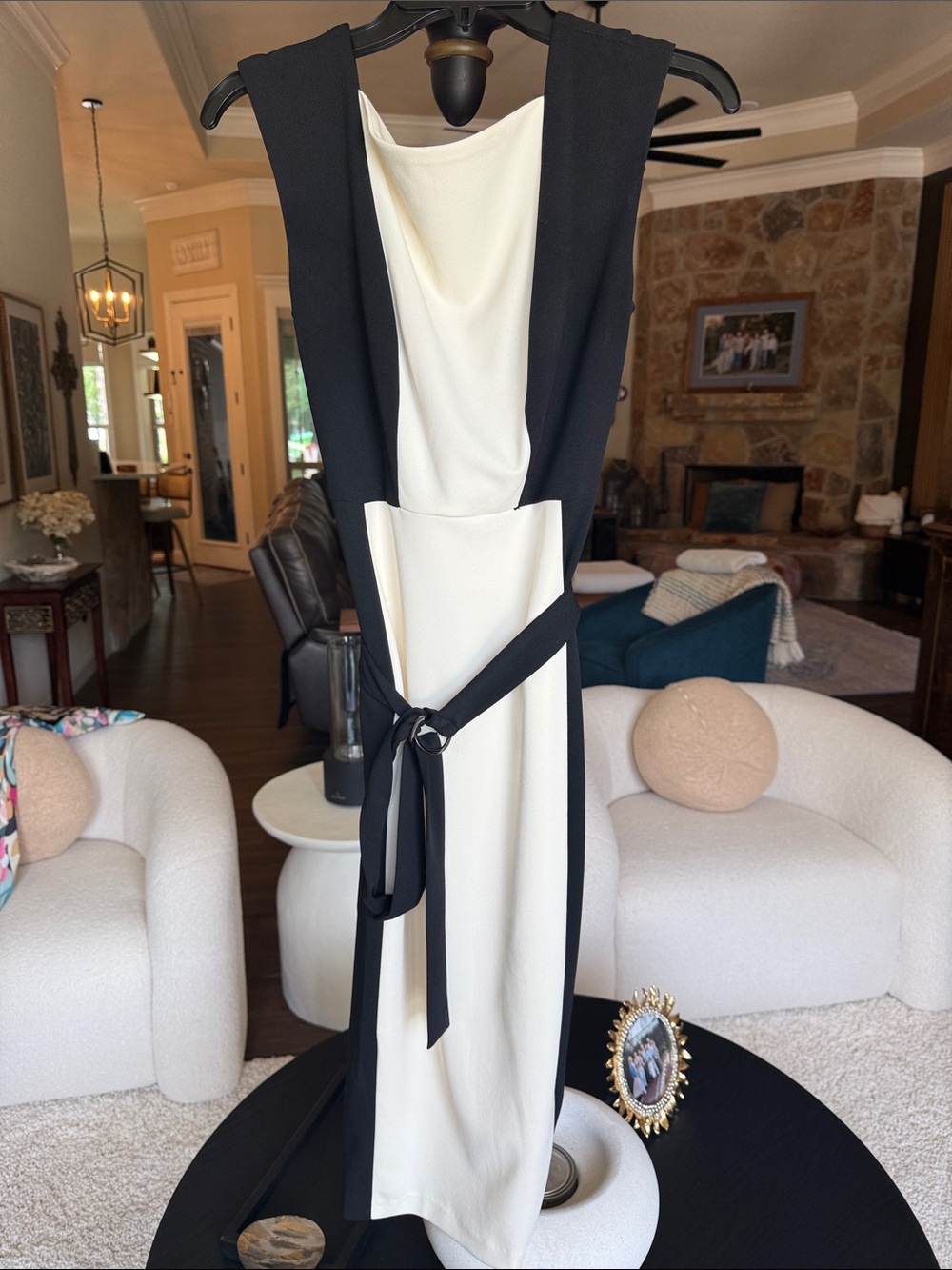 DKNY Black & Ivory Sleeveless Midi Dress with Waist Tie